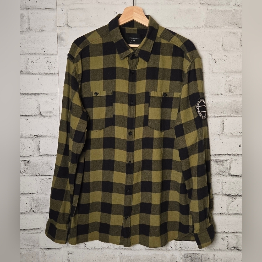 Jack & Jones CORE XXL Green Black Buffalo Check Flannel Shirt Long Sleeve